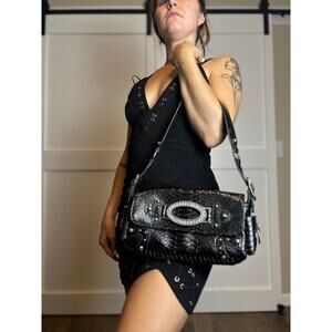 Y2K Black Croc Embossed Shoulder Bag by CMZ Vintage Faux Leather Purse